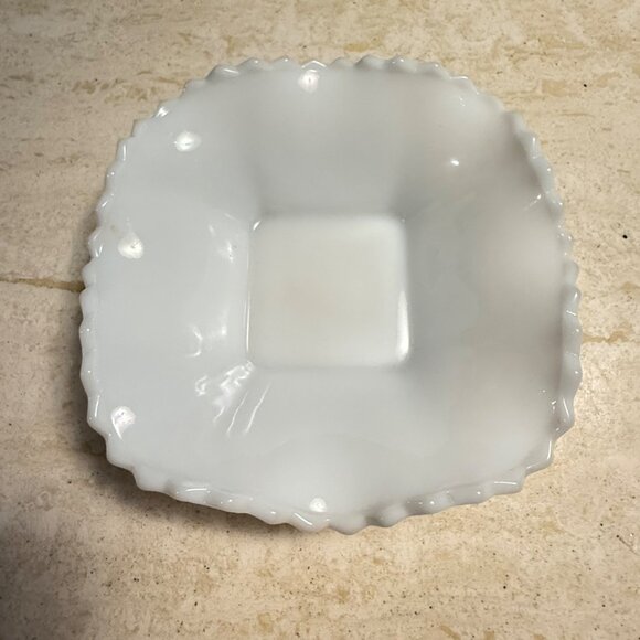 Vintage 6” English Hobnail Diamond Cut Hazel Atlas Square Milk Glass Candy Dish - Picture 3 of 8